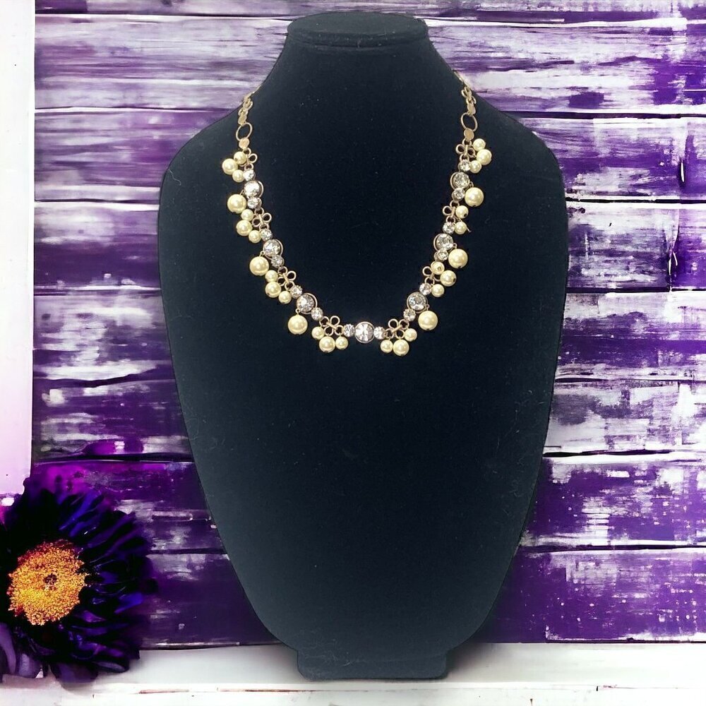J.Crew Faux Crystal & Pearl Princess Necklace on Floral Chain 23"L Gold White